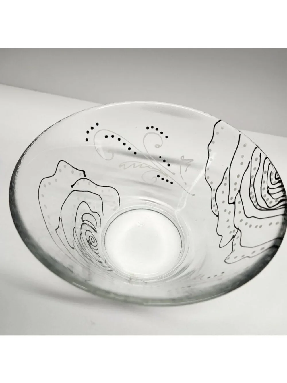 Floral Hand Painted Glass Bowl Black & White Rose